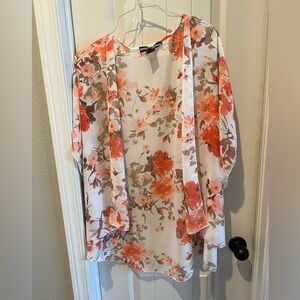 Polly & Esther Cream coral pink, orange floral 3/4 Sleeve kimono Blouse women’s